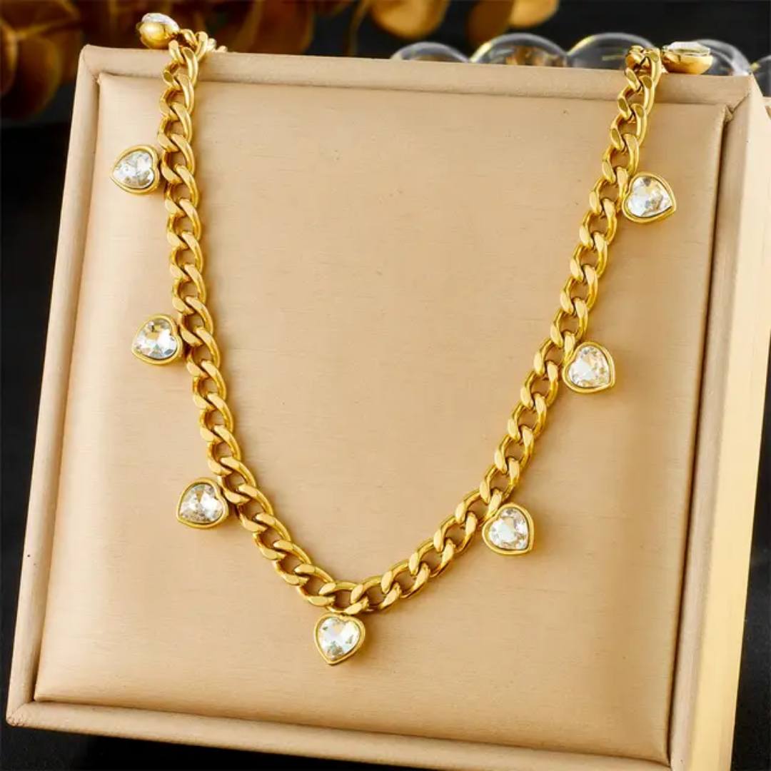 Collar con Corazones en Cristales de Acero Inoxidable – Blanco/Verde – Mujer – Golden Touch by Kanny