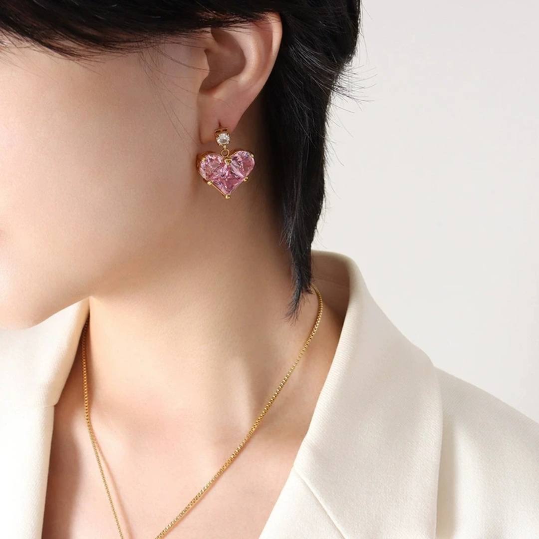 Conjunto de collar y aretes con corazón rosado de acero inoxidable